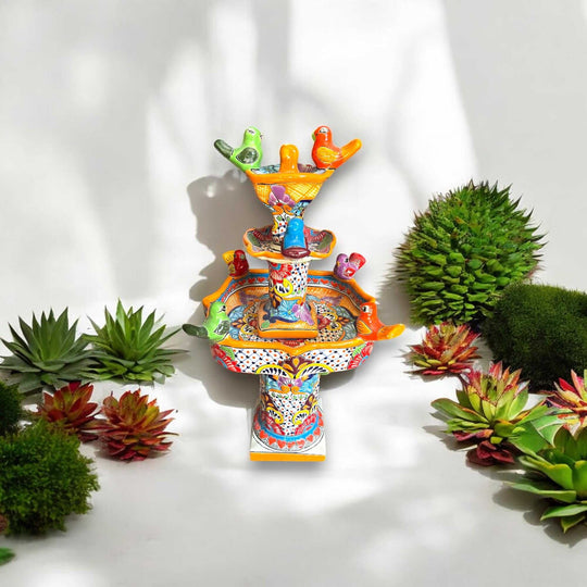 Handmade Talavera Bird Fountain | Authentic Outdoor Water Fountain (27” Tall - hand-painted colorful bird fountain from Guanajuato, Mexico)