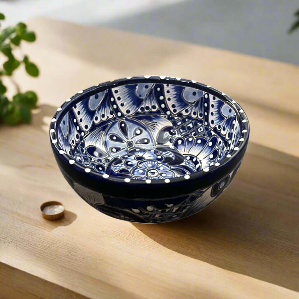 5" Talavera Blue & White Bowl | Handmade Mexican Dinnerware - hand-painted blue and white ceramic bowl, kiln-fired, lead-free glaze, Guanajuato craftsmanship