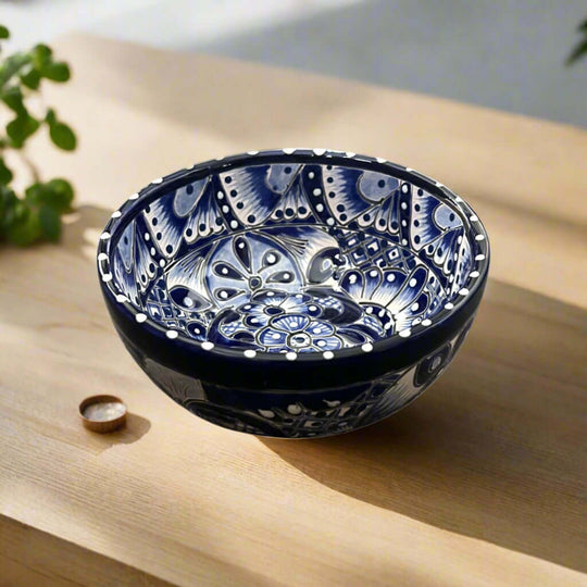 5" Talavera Blue & White Bowl | Handmade Mexican Dinnerware - hand-painted blue and white ceramic bowl, kiln-fired, lead-free glaze, Guanajuato craftsmanship