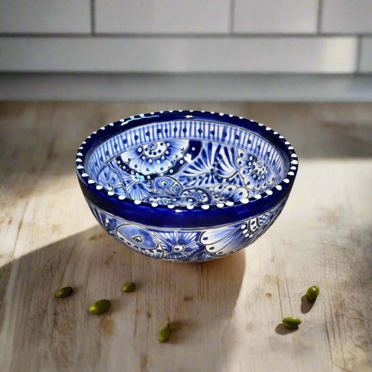 5" Talavera Blue & White Bowl | Handmade Mexican Dinnerware hand-painted blue and white ceramic bowl from Guanajuato, lead-free glaze