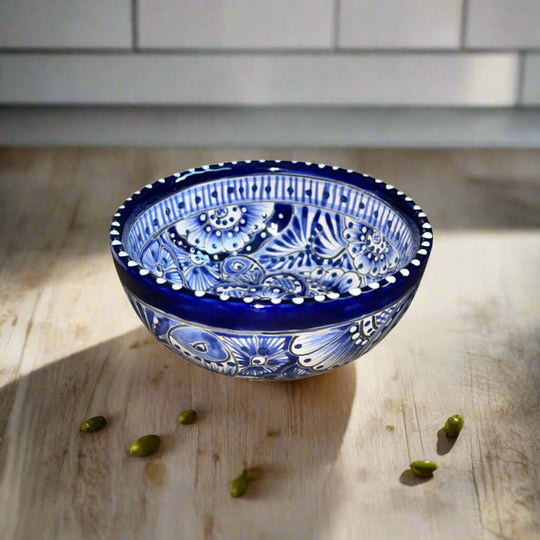 5" Talavera Blue & White Bowl | Handmade Mexican Dinnerware hand-painted blue and white ceramic bowl from Guanajuato, lead-free glaze