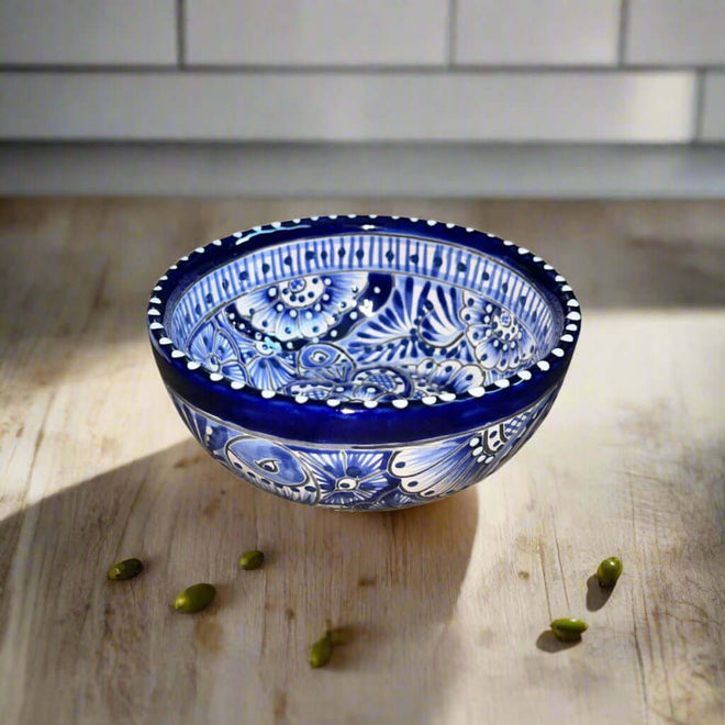 5" Talavera Blue & White Bowl | Handmade Mexican Dinnerware hand-painted blue and white ceramic bowl from Guanajuato, lead-free glaze