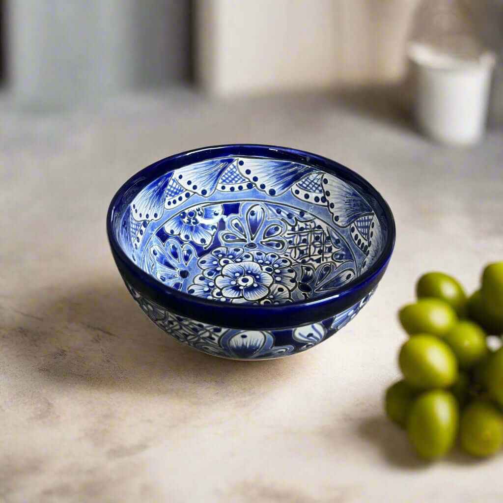 5" Talavera Blue & White Bowl | Handmade Mexican Dinnerware - hand-painted blue floral Talavera ceramic bowl, kiln-fired lead-free glaze