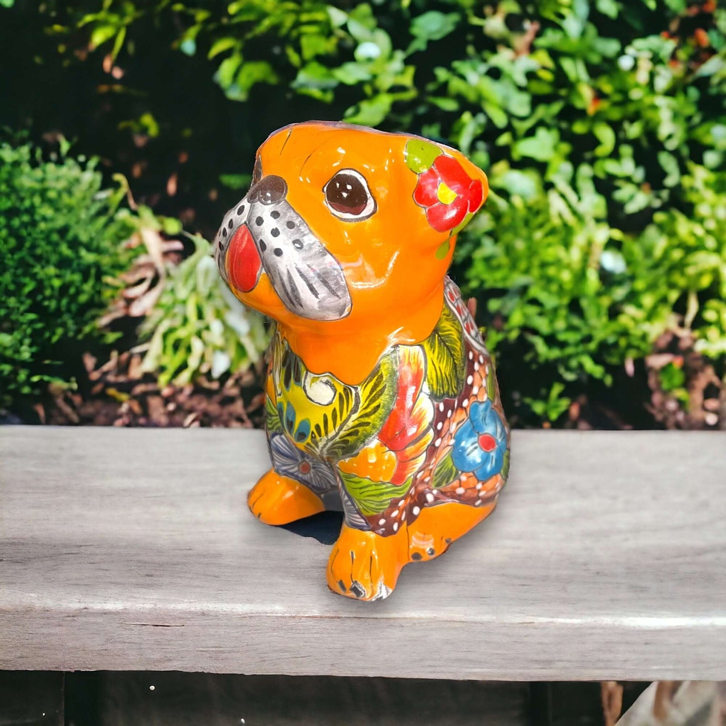 Talavera Bulldog Statue | Colorful Handmade Mexican Art bright orange hand-painted Talavera ceramic bulldog, handcrafted in Guanajuato