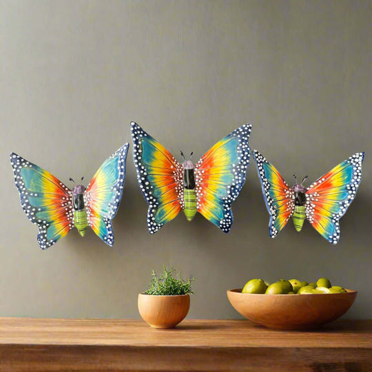 Set of 3 Talavera Butterfly Wall Hangings | Handmade Ceramic Decor — vibrant hand-painted Talavera ceramic butterflies mounted as colorful wall art