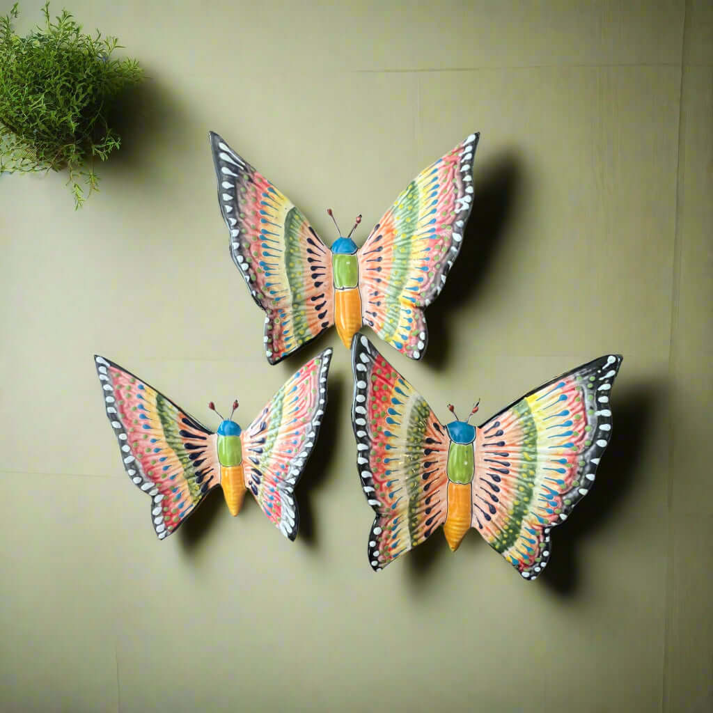 Set of 3 Talavera Butterfly Wall Hangings | Handmade Ceramic Decor - colorful hand-painted Talavera ceramic butterflies mounted for wall decor
