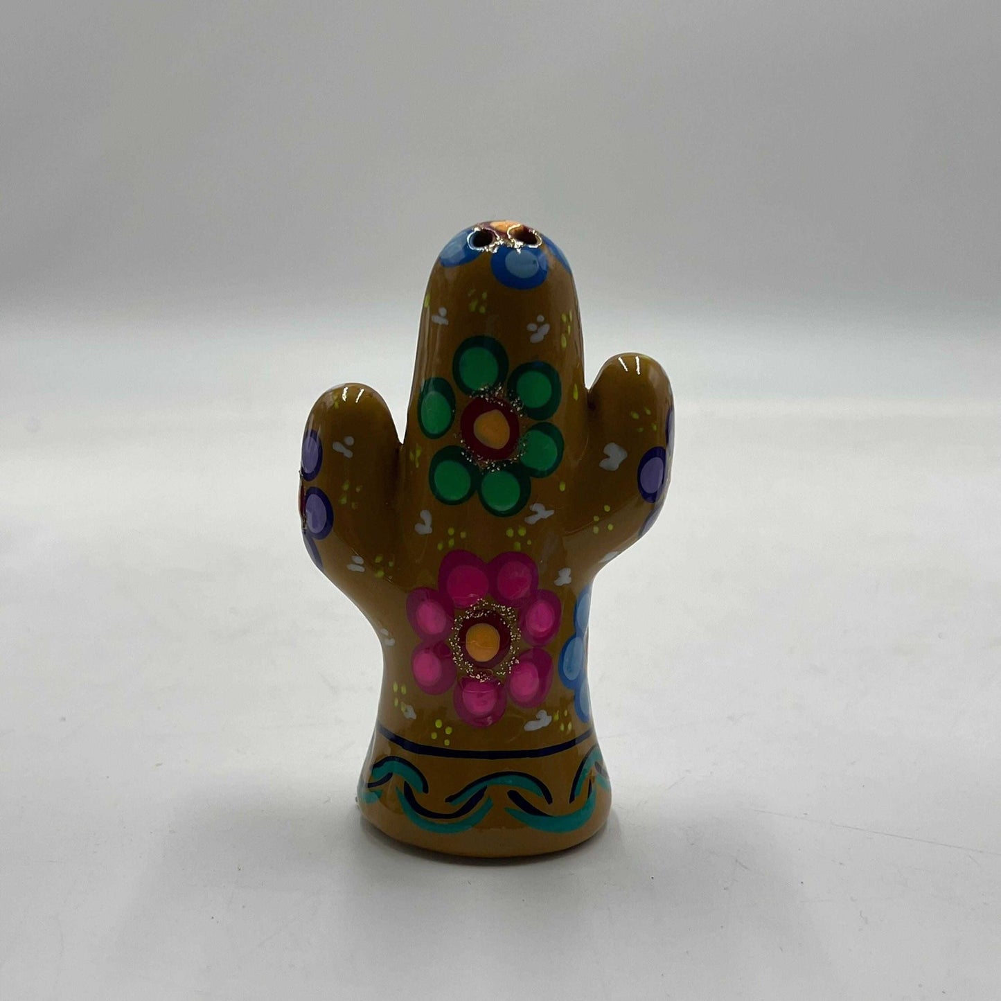 Talavera Cactus Salt & Pepper Set | Handmade Mexican Pottery - hand-painted brown cactus shaker with colorful floral patterns
