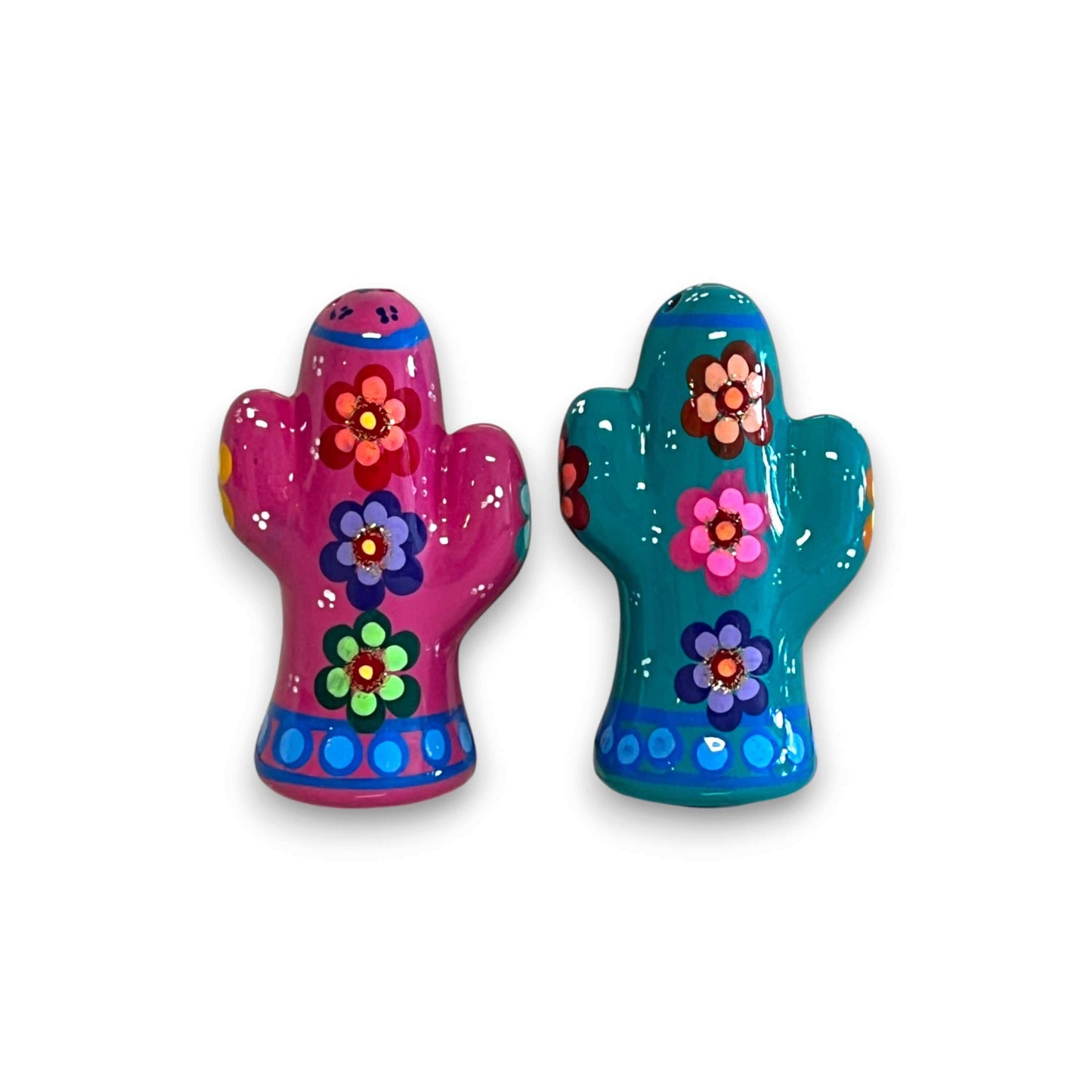 Talavera Cactus Salt & Pepper Set | Handmade Mexican Pottery - hand-painted pink and teal cactus shakers with floral Talavera design