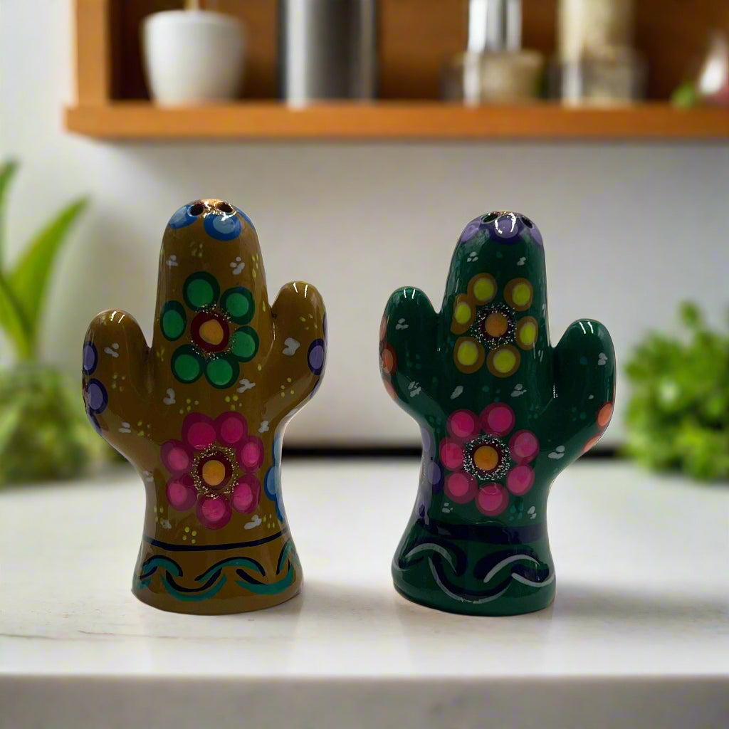 Talavera Cactus Salt & Pepper Set | Handmade Mexican Pottery — hand-painted Talavera cactus salt and pepper shakers with floral patterns