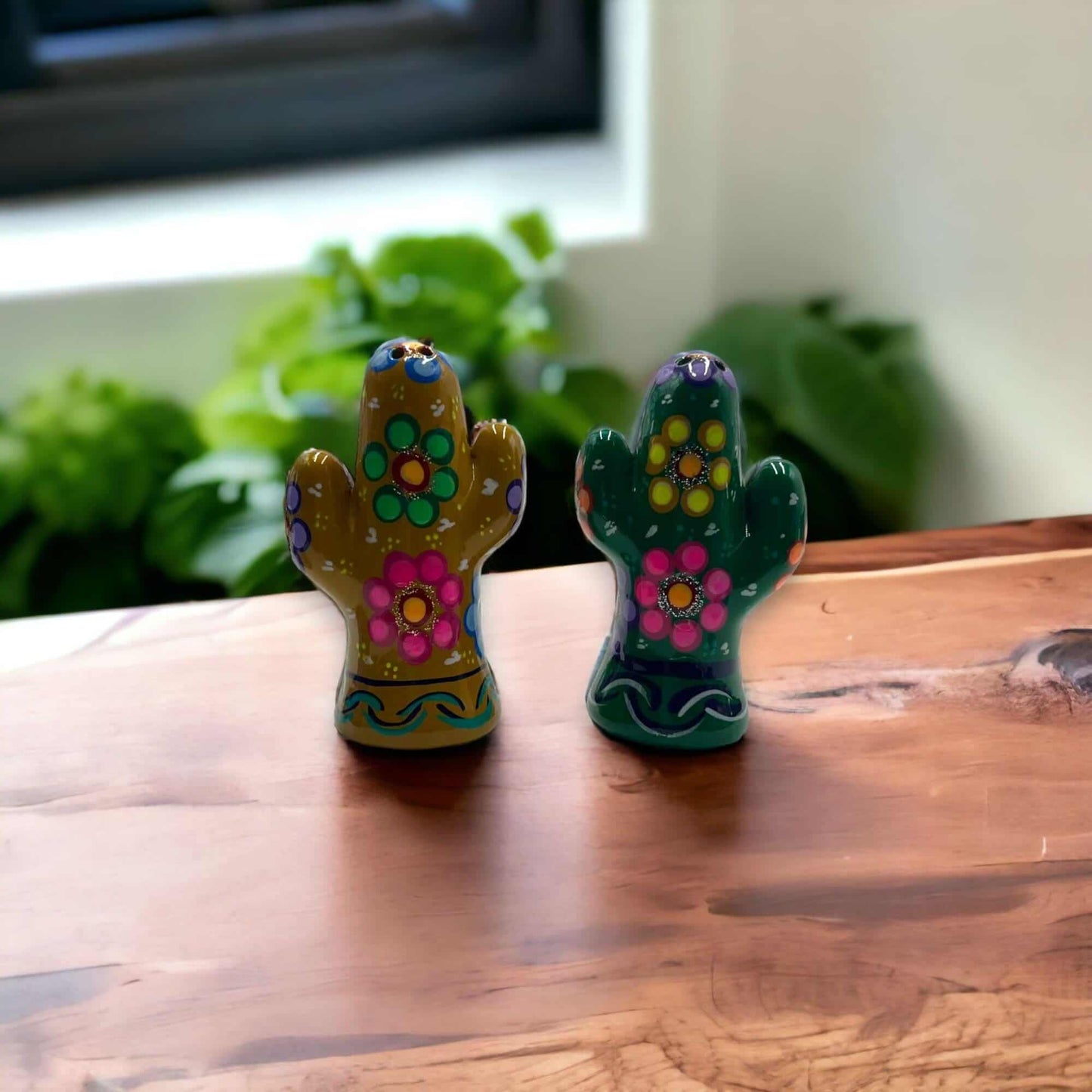 Talavera Cactus Salt & Pepper Set | Handmade Mexican Pottery - hand-painted colorful cactus shakers on wooden table
