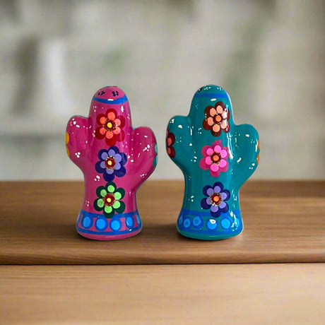 Talavera Cactus Salt & Pepper Set | Handmade Mexican Pottery - hand-painted pink and teal cactus shakers with floral patterns