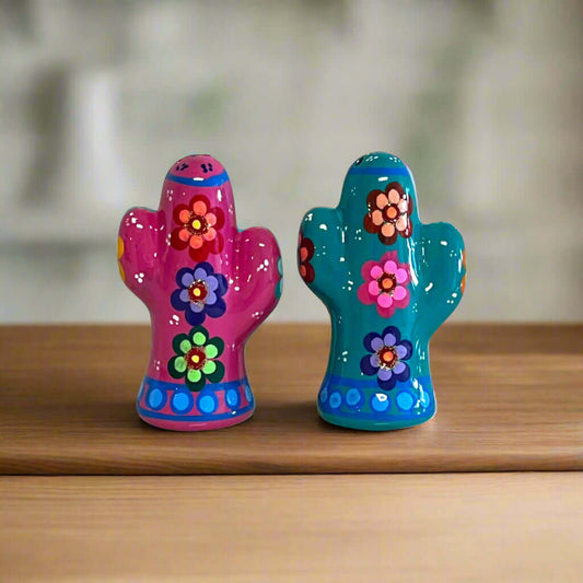 Talavera Cactus Salt & Pepper Set | Handmade Mexican Pottery - hand-painted pink and teal cactus shakers with floral patterns