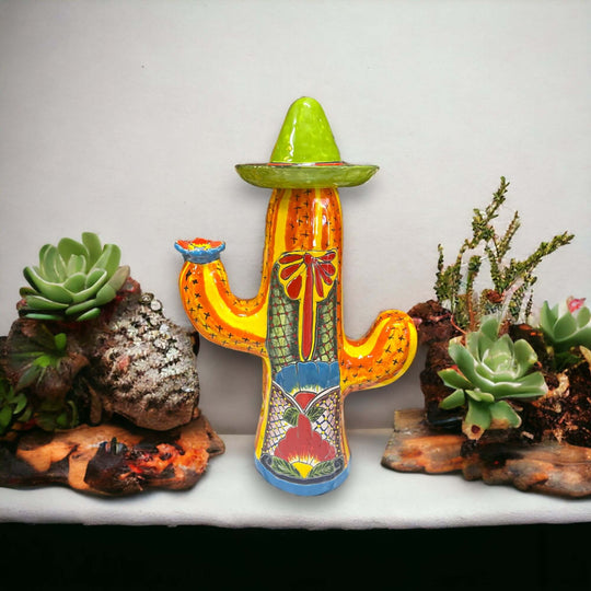 Talavera Cactus Statue | Colorful Handcrafted Mexican Art - hand-painted sombrero cactus sculpture with vibrant Talavera patterns