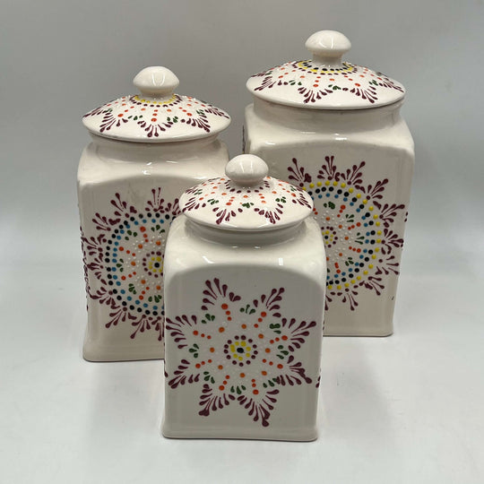 Mexican Handmade Talavera Canister Set | Puebla Mexican Pottery - hand-painted white ceramic canisters with colorful floral Talavera design