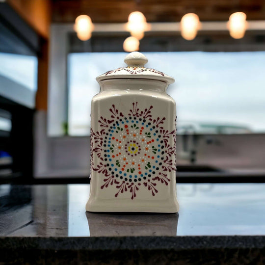 Mexican Handmade Talavera Canister Set | Puebla Mexican Pottery hand-painted ceramic canister with colorful floral medallion design