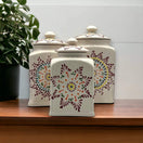 Mexican Handmade Talavera Canister Set | Puebla Mexican Pottery - hand-painted white ceramic canisters with multicolor floral Talavera design