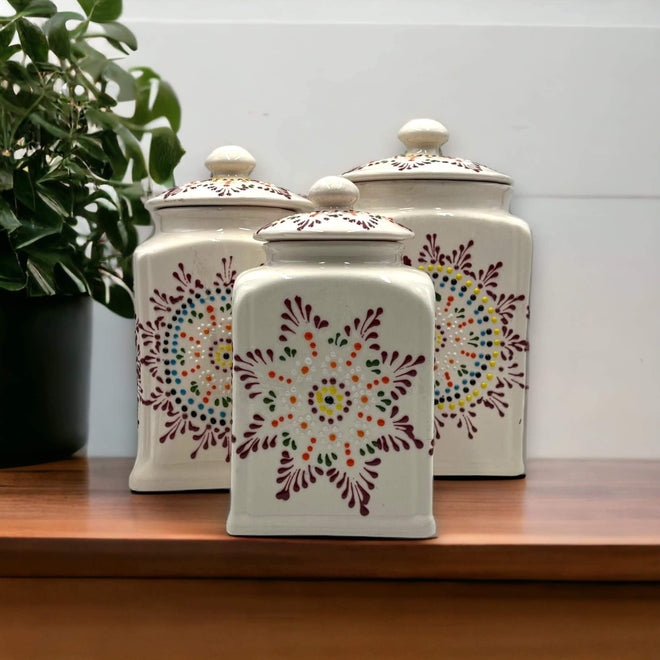 Mexican Handmade Talavera Canister Set | Puebla Mexican Pottery - hand-painted white ceramic canisters with multicolor floral Talavera design