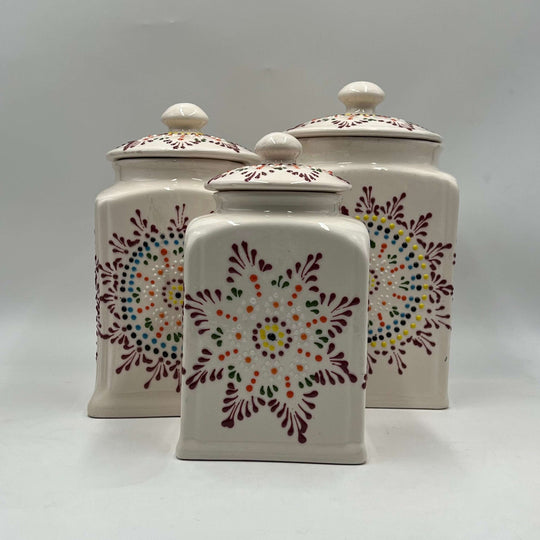 Mexican Handmade Talavera Canister Set | Puebla Mexican Pottery - hand-painted white Talavera canister trio with colorful floral dot pattern