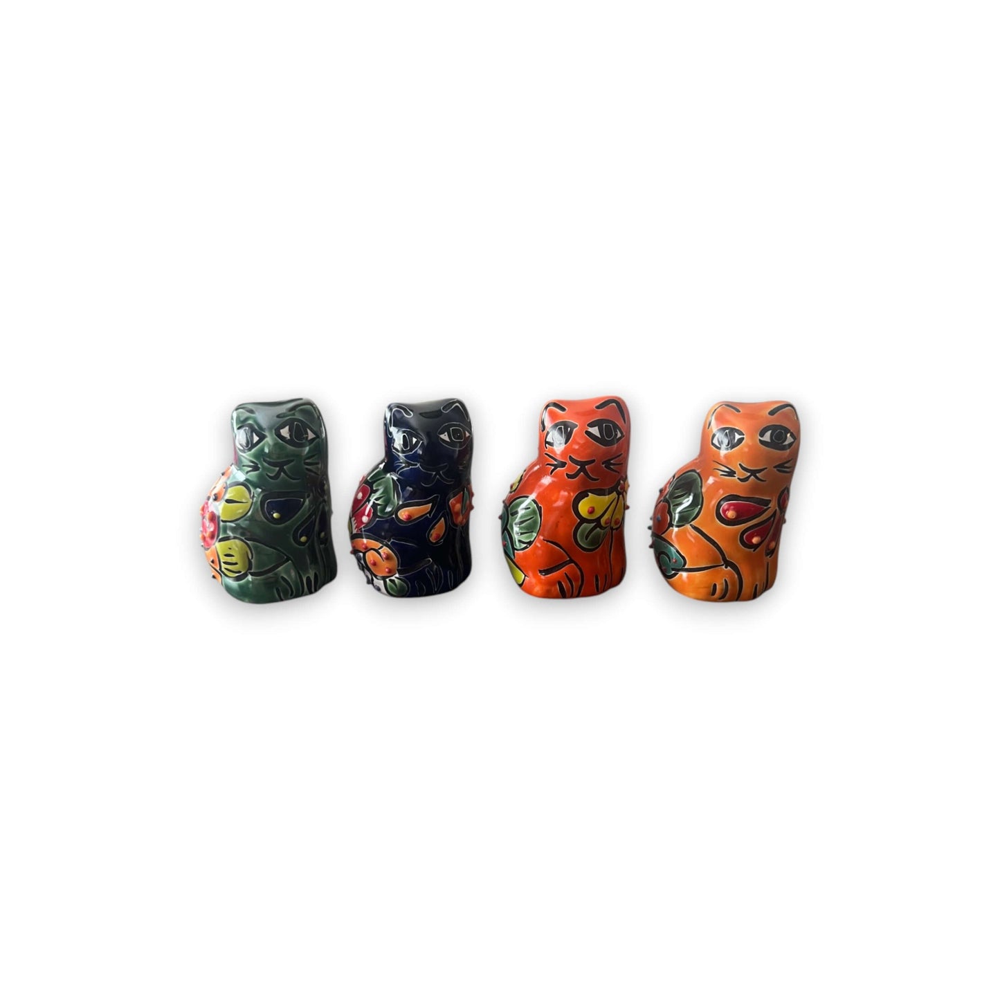 Set of 2 Talavera Cat Statues | Small Handmade Mexican Figurines - two hand-painted Talavera cat figurines in vibrant Mexican colors