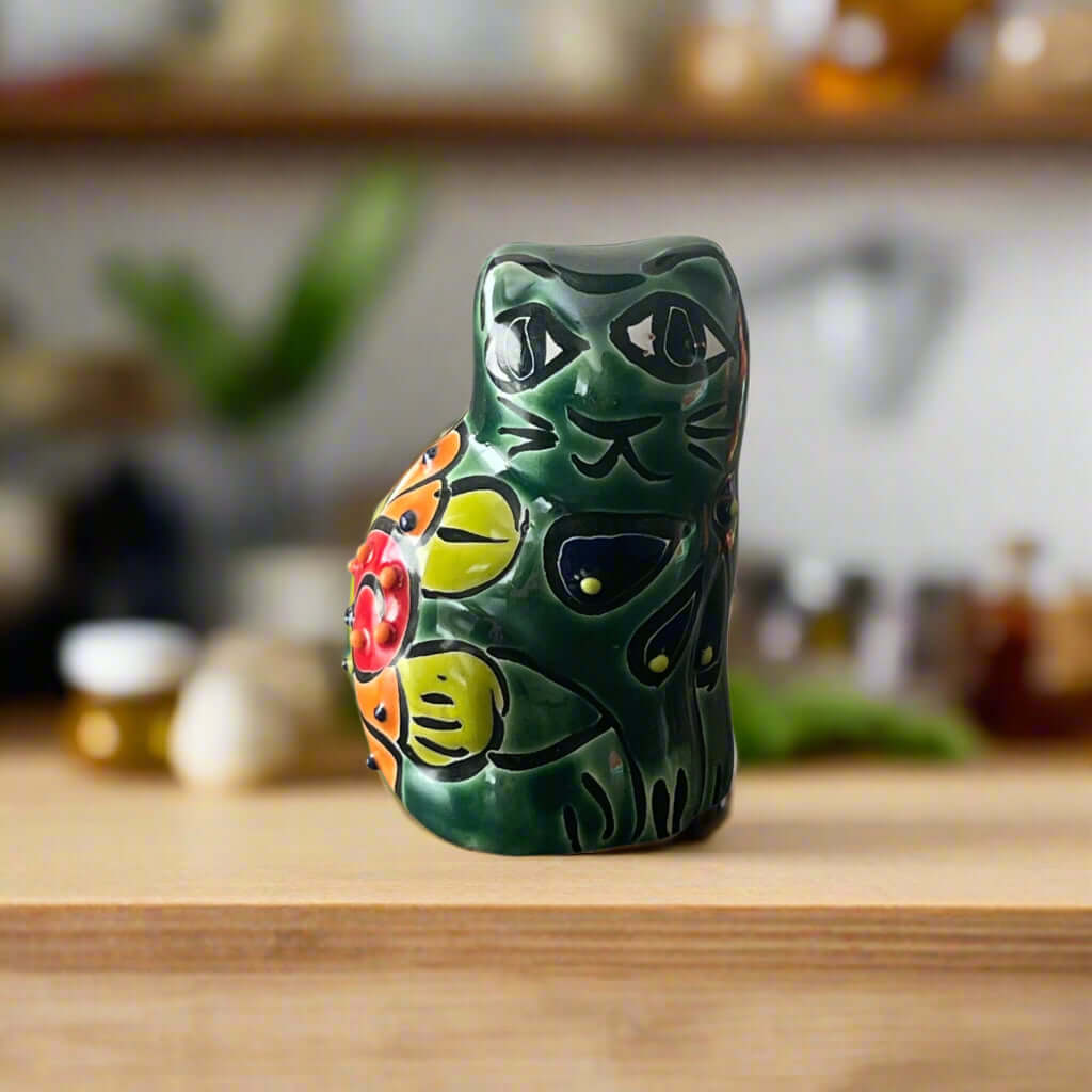 Set of 2 Talavera Cat Statues | Small Handmade Mexican Figurines - green hand-painted Talavera cat figurine, kiln-fired lead-free glaze, Guanajuato craft