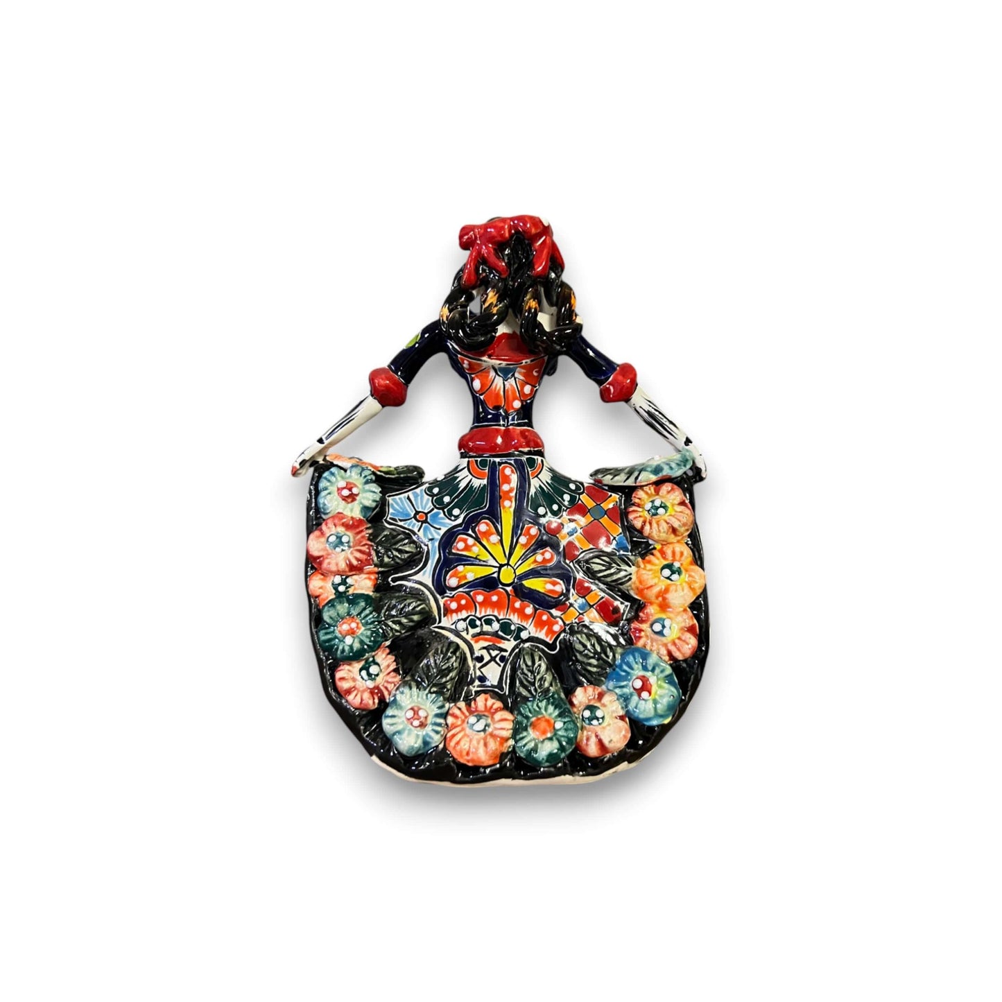Handmade Talavera Catrina Figurine | Day of the Dead Ceramic Art - hand-painted colorful Mexican Talavera Catrina with floral skirt