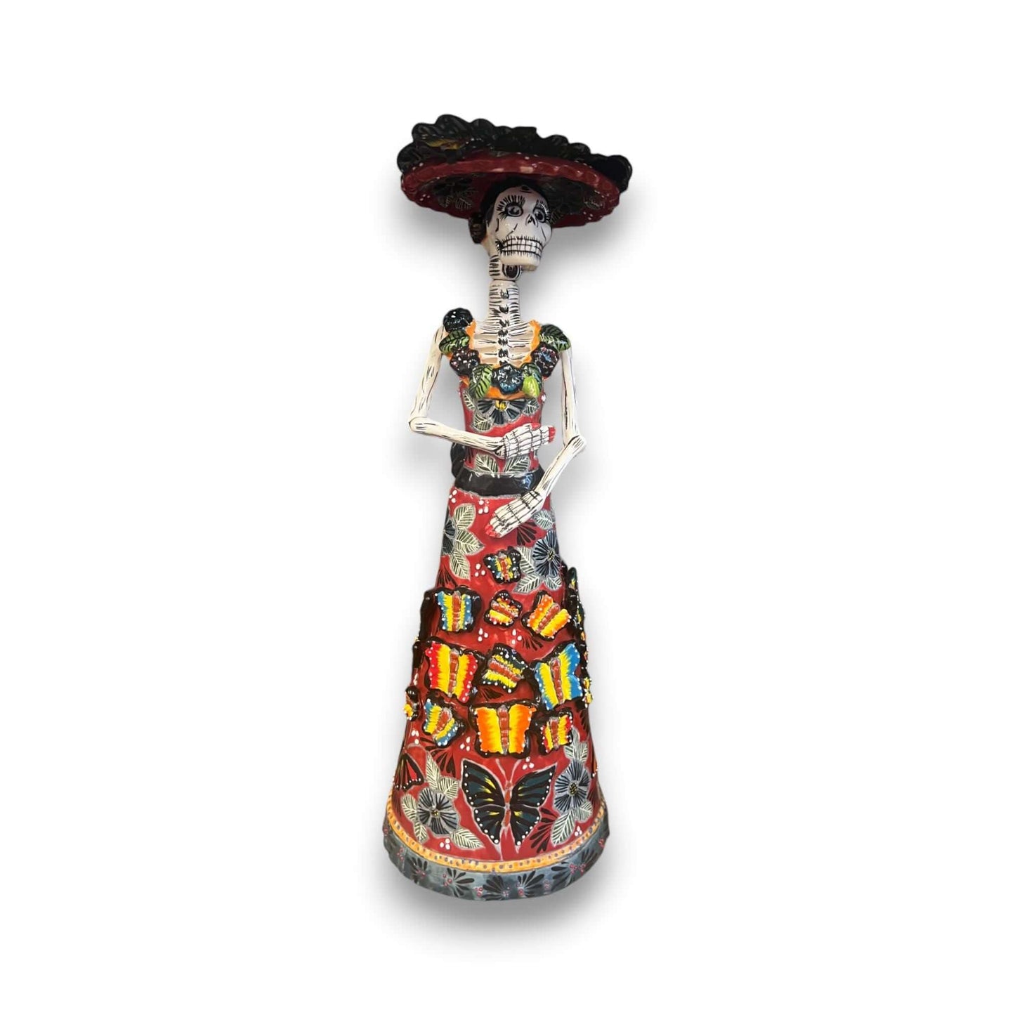 Talavera Catrina Figurine | Handmade Day of the Dead Skeleton Art — hand-painted red floral dress, black hat, kiln-fired Talavera skull statue