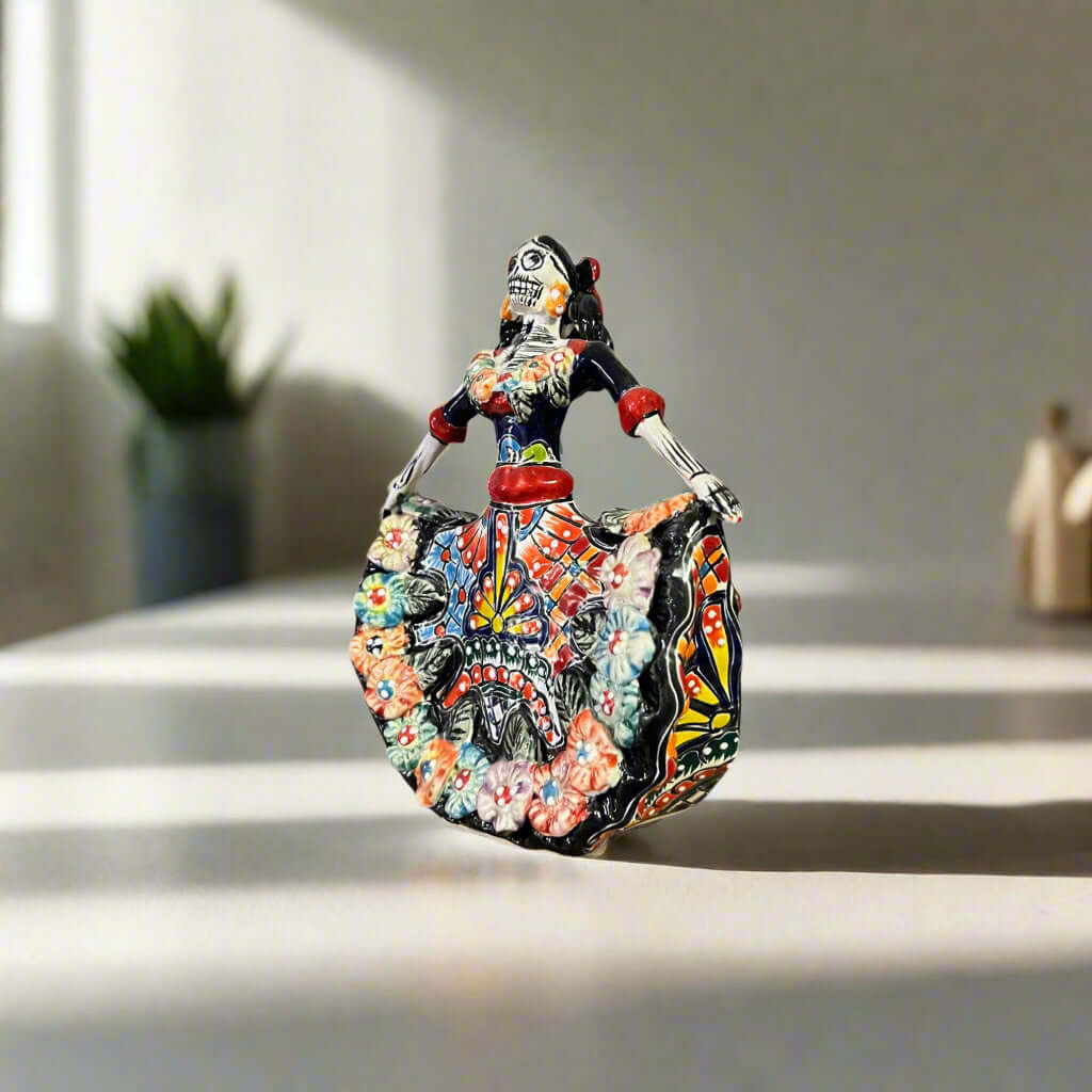 Handmade Talavera Catrina Figurine | Day of the Dead Ceramic Art handcrafted hand-painted Talavera Catrina in vibrant colors