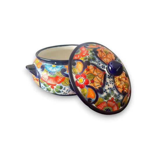 Talavera Cazuela Pot w/ Lid | Mexican Ceramic Soup Pot - handmade colorful Talavera pottery with floral hand-painted lid