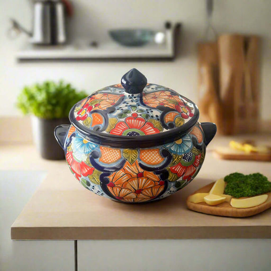 Talavera Cazuela Pot w/ Lid | Mexican Ceramic Soup Pot hand-painted floral Talavera pottery, kiln-fired lead-free glaze, colorful serving dish