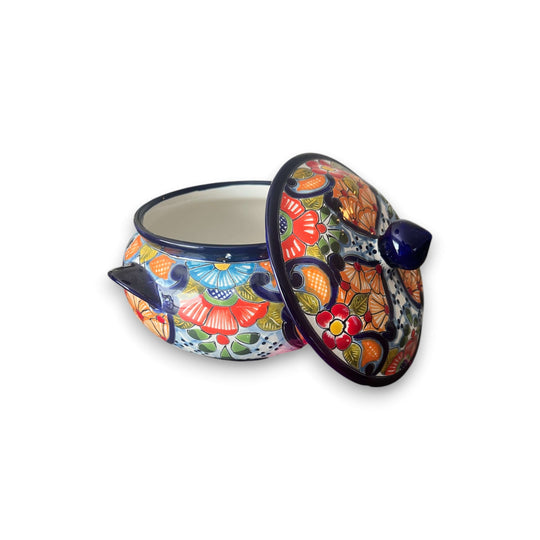 Talavera Cazuela Pot w/ Lid | Mexican Ceramic Soup Pot showcasing handmade colorful Talavera floral design, lead-free glazed serving dish