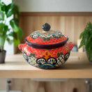 Talavera Cazuela Pot w/ Lid | Mexican Ceramic Soup Pot hand-painted red floral serving dish with lid, kiln-fired lead-free glaze