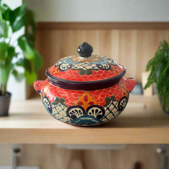 Talavera Cazuela Pot w/ Lid | Mexican Ceramic Soup Pot hand-painted red floral serving dish with lid, kiln-fired lead-free glaze