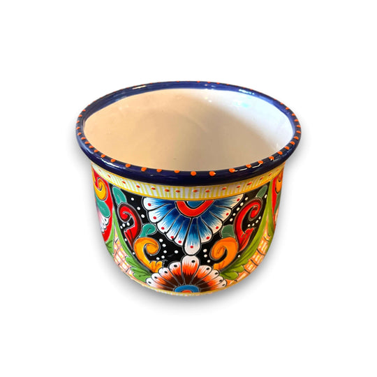 Vibrant Talavera Ceramic Planter | Mexican Handcrafted Pot — hand-painted floral ceramic pot from Guanajuato, bright blue green orange pink accents