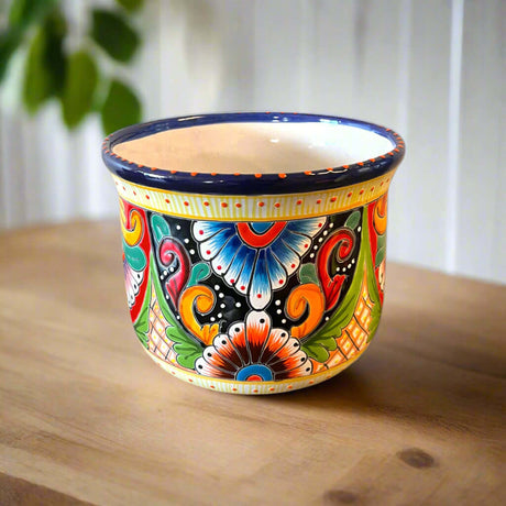 Vibrant Talavera Ceramic Planter | Mexican Handcrafted Pot - hand-painted floral ceramic planter from Guanajuato, bright blue green orange pink