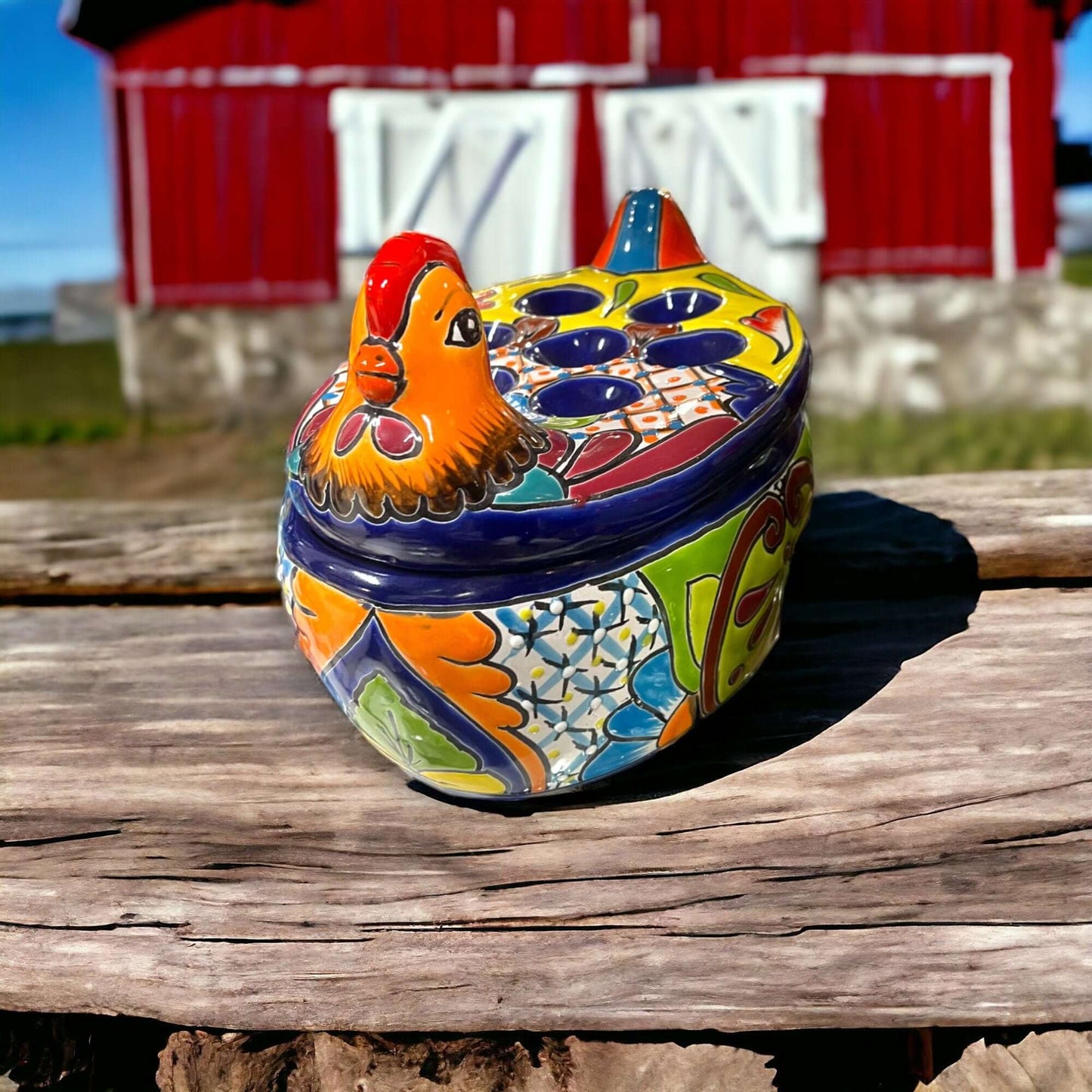 Talavera Chicken Egg Crate | Handmade Ceramic Egg Holder - hand-painted Mexican Talavera chicken-shaped ceramic egg tray