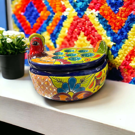 Talavera Chicken Egg Crate | Handmade Ceramic Egg Holder - hand-painted colorful Talavera chicken egg holder from Guanajuato, Mexico