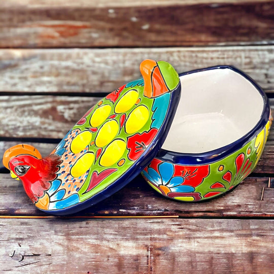 Talavera Chicken Egg Crate | Handmade Ceramic Egg Holder hand-painted colorful Talavera chicken egg crate with lid, lead-free glaze, Guanajuato craftsmanship
