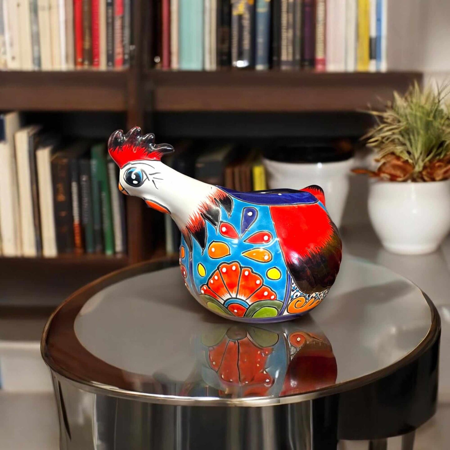 Talavera Chicken Planter | Handmade Mexican Ceramic Pot - hand-painted colorful ceramic chicken planter with bold Talavera patterns