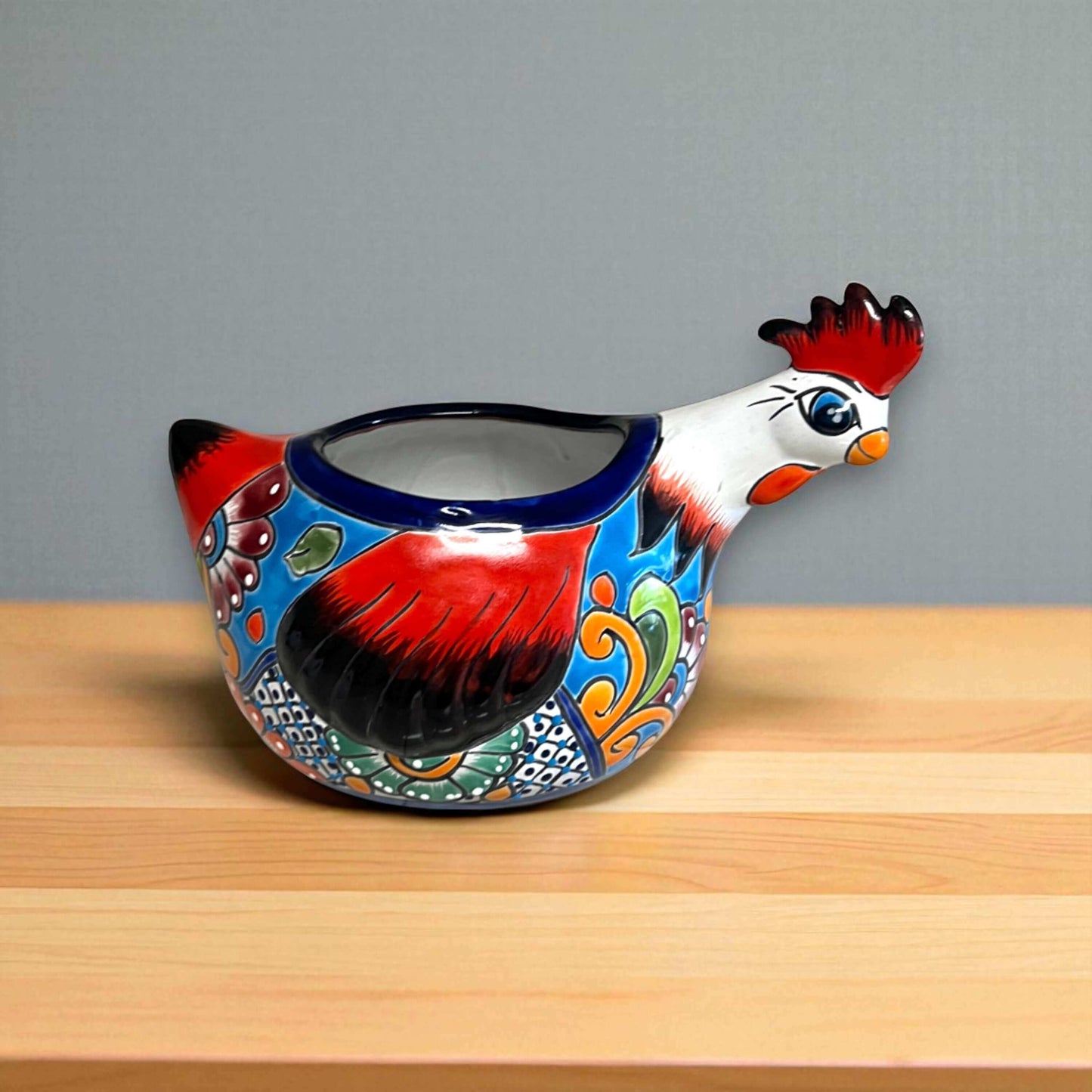 Talavera Chicken Planter | Handmade Mexican Ceramic Pot hand-painted colorful chicken-shaped planter, lead-free glazed, artisan-made in Guanajuato