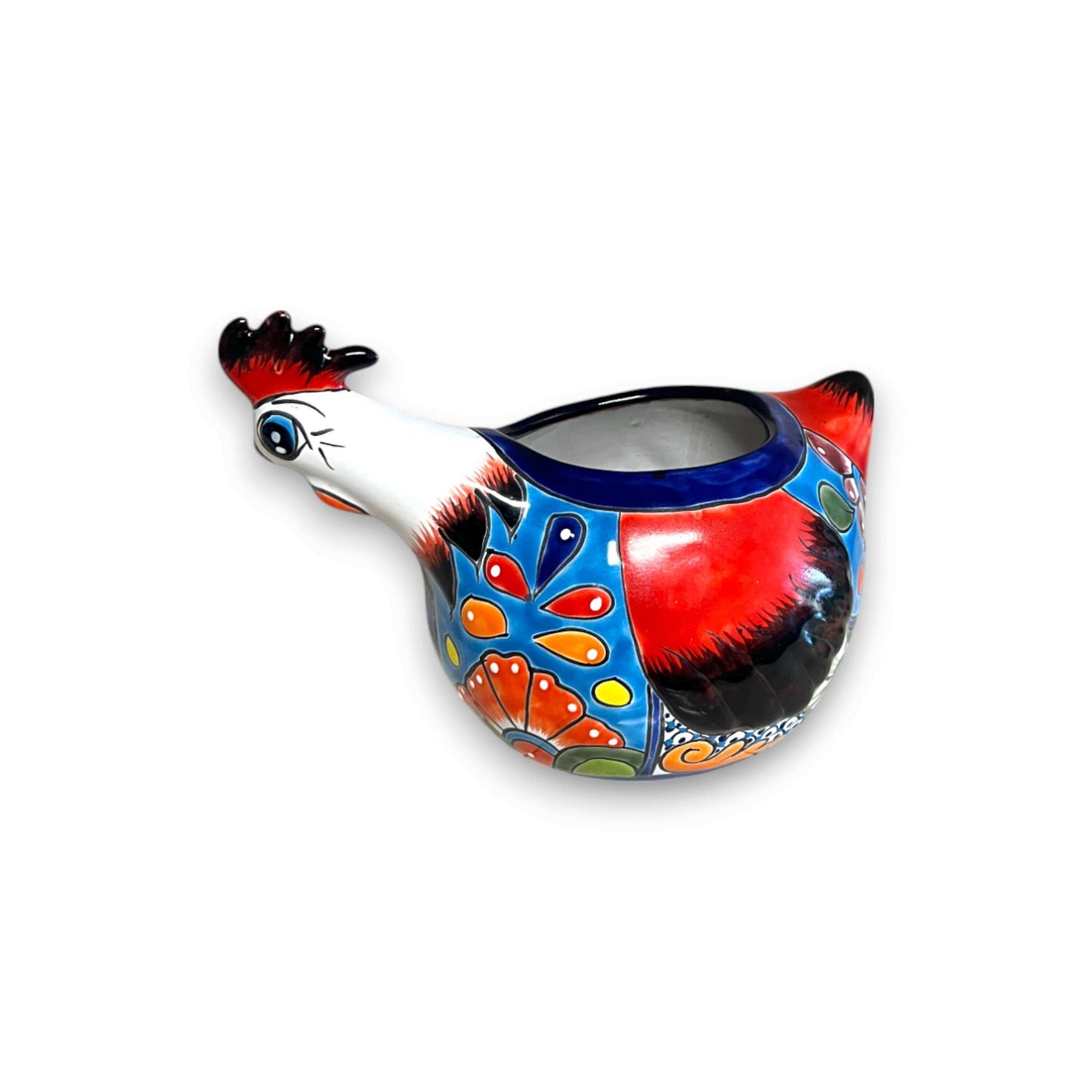 Talavera Chicken Planter | Handmade Mexican Ceramic Pot hand-painted colorful chicken-shaped ceramic planter from Guanajuato, lead-free glaze