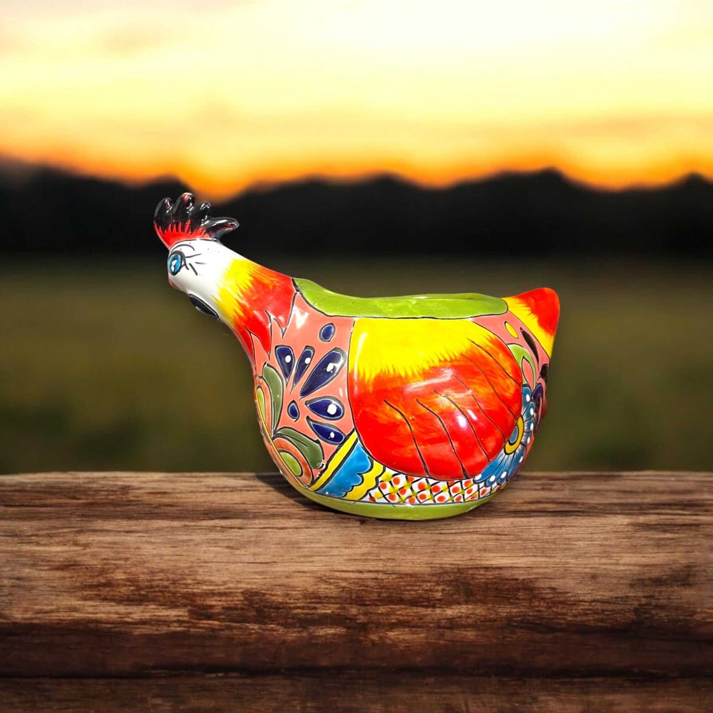 Talavera Chicken Planter | Handmade Mexican Ceramic Pot - hand-painted colorful chicken-shaped ceramic planter from Guanajuato