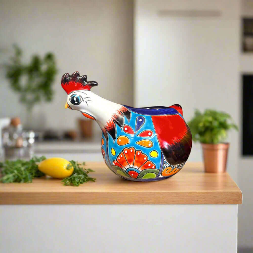 Talavera Chicken Planter | Handmade Mexican Ceramic Pot - hand-painted colorful ceramic chicken planter made in Guanajuato, Mexico