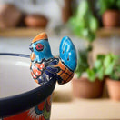Talavera Chicken Pot Hanger | Small Handmade Mexican Garden Decor - hand-painted blue and orange talavera chicken perched on pot rim