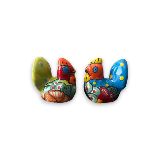 Talavera Chicken Pot Hanger | Small Handmade Mexican Garden Decor - pair of colorful hand-painted Talavera chicken bird pot hangers