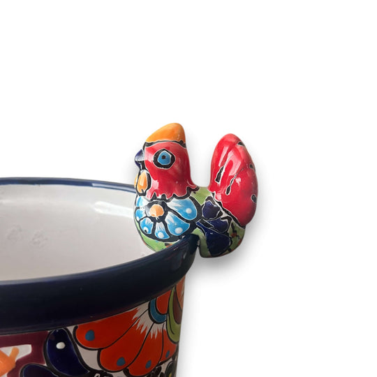 Talavera Chicken Pot Hanger | Small Handmade Mexican Garden Decor – hand-painted colorful talavera chicken pot hanger on ceramic planter
