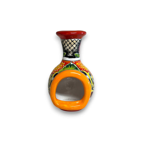 Handmade Talavera Chimney | Vibrant Mexican Ceramic Decor - hand-painted colorful Talavera chimney with orange opening, red neck, traditional Mexican patterns