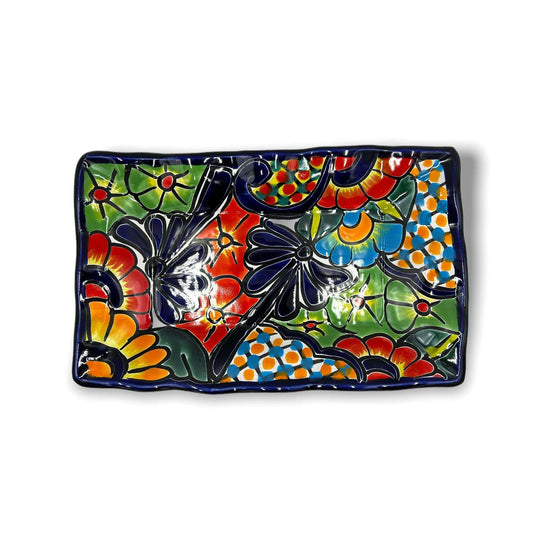 Vibrant 3-Piece Talavera Coffee Set | Handmade Mexican Pottery - hand-painted rectangular Talavera tray with colorful floral pattern