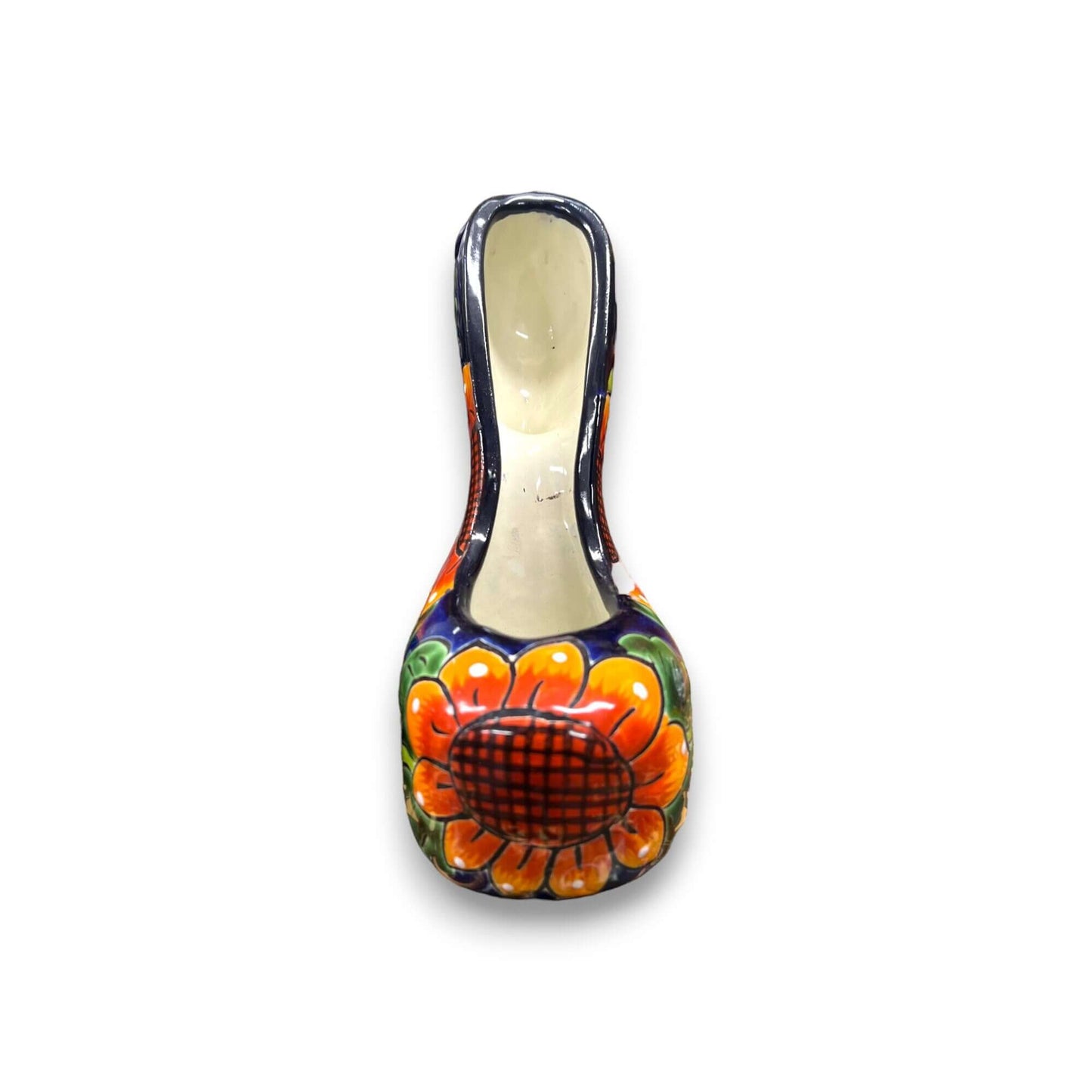 Colorful Talavera High Heel Statue | Handmade Mexican Home Decor hand-painted sunflower pattern ceramic heel from Guanajuato, vibrant home decor