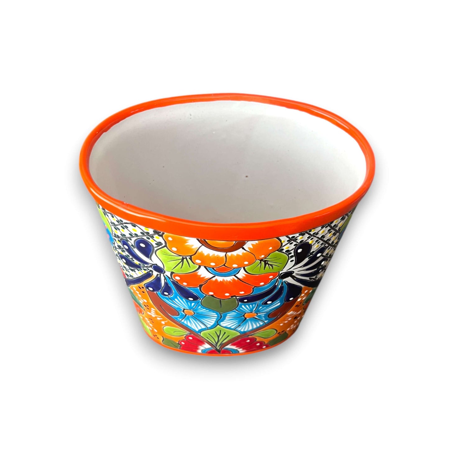 Colorful Talavera Trash Can | Handmade Mexican Waste Bin - handmade oval Talavera floral ceramic bin with bright orange rim