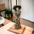 Handmade Talavera Day of the Dead Pottery | 27-Inch Tall Skeleton Woman hand-painted ceramic skeleton figurine on wood base